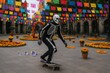 © woters - Skeleton costume person rides a skateboard across a public square decorated with colorful flags and orange flowers.