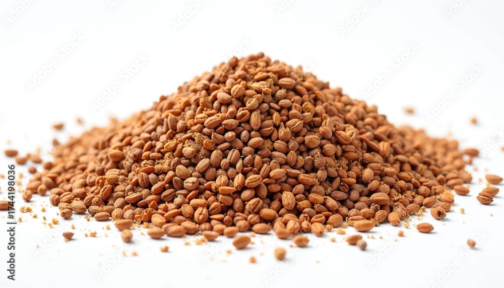Illustration of cumin seeds pile on white background. Culinary ingredient seeds illustration. Brown spice heap on blank surface. Food ingredient closeup. Flavoring culinary ingredient. Cooking