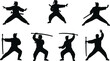 © Afsun Creative - Martial arts silhouettes practicing unarmed stances and sword fighting poses, samurai warriors training, combat action, Japanese culture vector illustration design'
