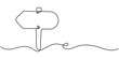 © LINEART - Continuous line drawing of wooden direction signboard on post. Vector sketch of old guidepost with board in shape of arrow in one black contour isolated on white background.