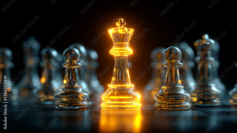 Illuminated chess king among pieces illustrating leadership and the ...