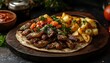 © Mahmud Creative - Delicious grilled meat with tomato, parsley and potatoes on a tortilla on wood