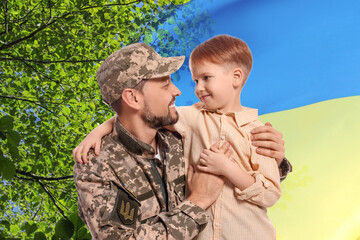 Wall Mural - Military man and his happy son outdoors. Double exposure with flag of Ukraine