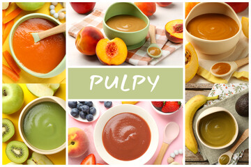 Wall Mural - Pulpy food texture. Pureed fruits and vegetables in bowls, collage