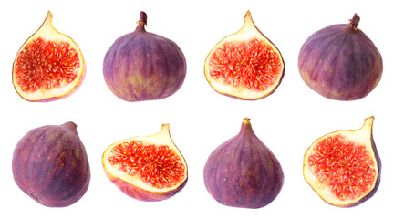 Wall Mural - Fresh sweet figs isolated on white, set. Whole and halves