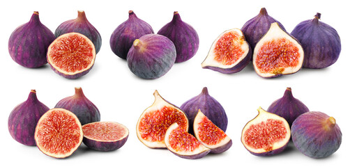 Wall Mural - Fresh sweet figs isolated on white, set. Whole and sliced