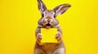 © Ben - A rabbit holds a yellow square against a yellow background, mouth open.