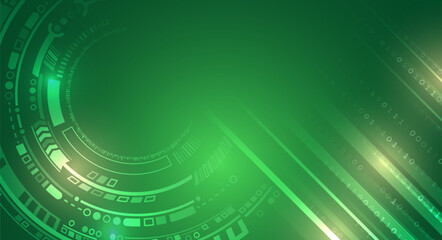 Wall Mural - Futuristic green technology background with binary code, circular digital interface, and glowing lines. Modern tech concept for innovation, data, and digital design. For high tech banner.