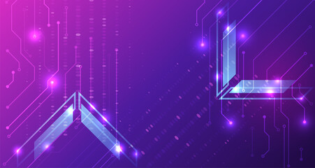 Wall Mural - Futuristic abstract tech background with glowing circuit lines and geometric shapes in purple and blue hues. Perfect for digital, innovation, and technology themes.