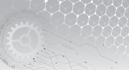 Wall Mural - Modern gray technology background with gear, hexagonal grid, and circuit lines. Ideal for engineering, digital innovation, and futuristic design projects. For high tech presentation.