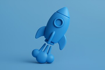 Wall Mural - Blue rocket is flying through the air. The rocket is made of plastic and has a pointed nose. The rocket is in motion, and it is soaring through the sky. Concept of excitement and adventure