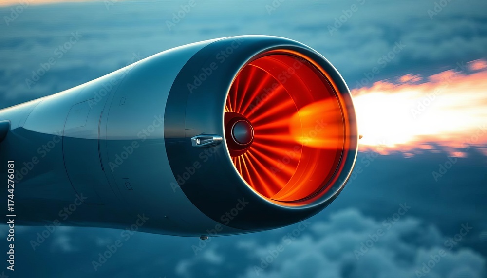 Powerful jet engine blasting exhaust, leaving contrail, sky, military ...