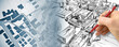 © Francesco Scatena - Imaginary cadastral map of territory with buildings, roads and land parcel - concept with architect planning a new residential district