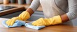 © lililia - A person is wiping a wooden table with a cloth, wearing bright yellow rubber gloves, surrounded by plants and flowers at home