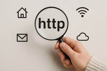 An individual hand holding a magnifying glass over the HTTP text with other web icons. Concept of website and technology.