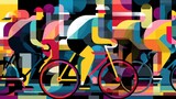 Abstract illustration of cyclists racing in a fragmented, colorful style