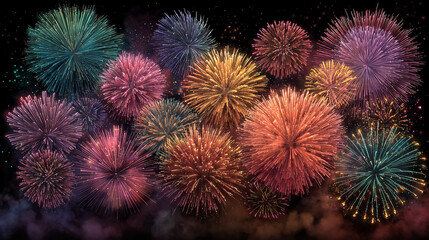 A display of colorful fireworks exploding in the night sky view.