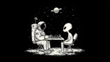 Astronaut and alien play chess in space, stars and Saturn above. B&W illustration