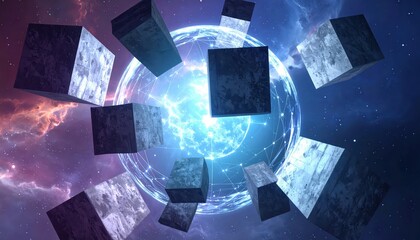 Wall Mural - Abstract digital artwork depicts a glowing sphere surrounded by floating, textured cubes against a backdrop of swirling nebulae and a starry cosmos, representing futuristic concepts and digital...