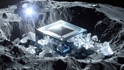 Wall Mural - Within a desolate, cratered environment, a glowing, geometric structure surrounded by shattered crystalline fragments is illuminated by a bright light, creating a compelling visual narrative.
