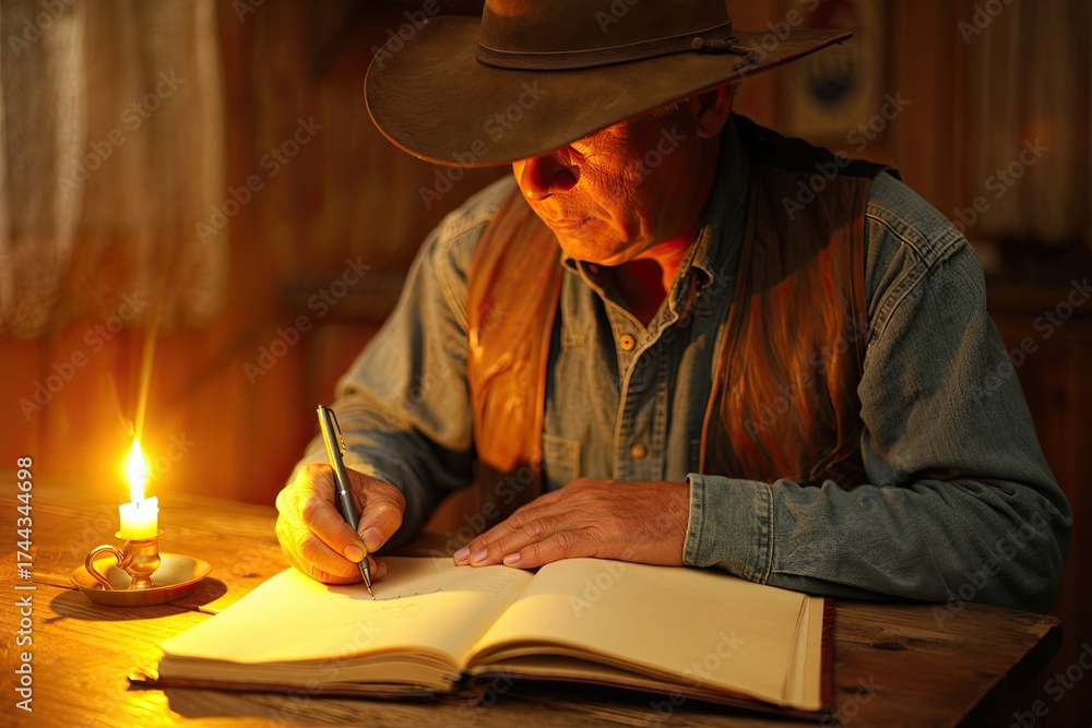 Reflective senior cowboy writes by candlelight, capturing life's ...