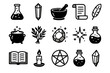 © ZubVector - Alchemy icons: potions, crystals, herb, cauldron, scrolls, quill, candle, pentagram, mortar