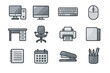 © ZubVector - Set of office equipment and supplies icons including computer, desk, and stationery