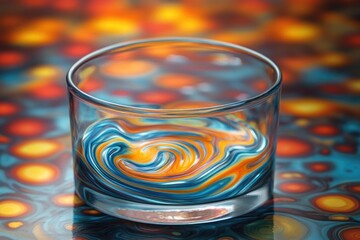 Wall Mural - A clear glass holds mesmerizing swirling blue and orange liquid, set against a vibrant, abstract background of similar colorful patterns.