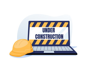 Under construction sign on computer screen. Work in progress design template. Website maintenance. Under construction