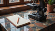 © Elina - Laboratory microscope and notebook with pen on marble desk