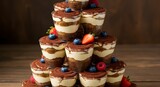 Tiramisu cups elegantly stacked in gourmet tower presentation on dessert buffet table display