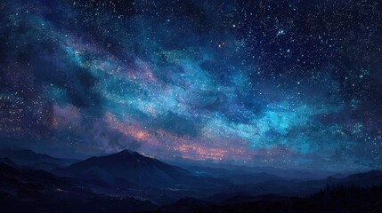 Wall Mural - A beautiful night sky with a mountain range in the background. The stars are shining brightly and the sky is a deep blue color
