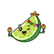 © Mid - A cheerful animated lime slice wearing a sombrero and holding maracas on a transparent background. The vibrant illustration captures a festive, pixelated style.
