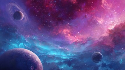 Wall Mural - A colorful space scene with a blue planet and three other planets in the background. The sky is filled with stars and clouds, giving the impression of a vast and mysterious universe