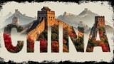 Great Wall of China, word CHINA double exposure