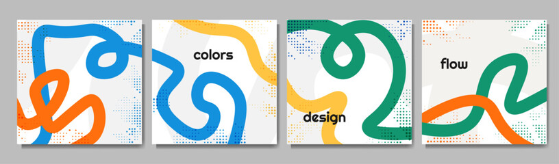 Canvas Print - Vector illustration. Abstract vibrant color background set. Cool, bright wallpapers with ribbon lines and halftone dotted texture. Design elements for social media template, web banner, blog post