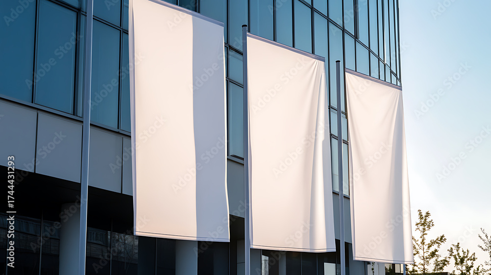 Modern building with large white advertising flags. Promotional signage ...