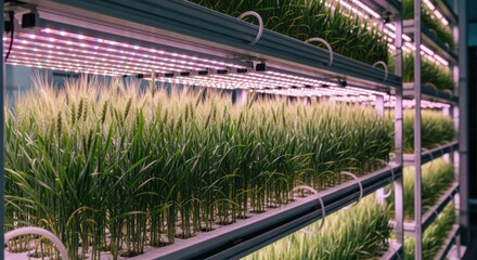 Wall Mural - Closeup medium shot showcasing indoor multitier wheat farming with precise LED illumination for optimal growth in a modern agricultural setup.