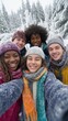© Alexandra - Multicultural friends capture joyful moments in snowy wonderland with vibrant winter attire