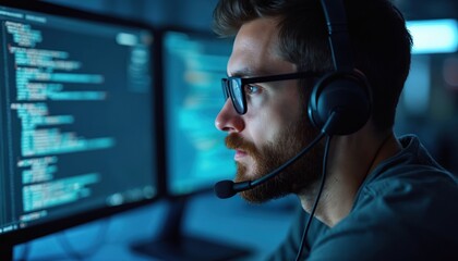 Man with headset working on computer looks at the screen. Tech support specialist consults client, solves problems. Programmer codes online. Technician uses modern tech to assist customers.