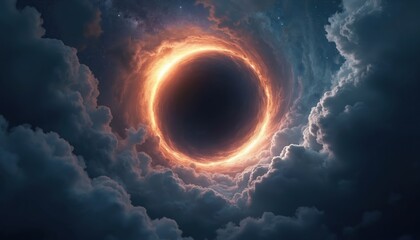 Wall Mural - Illustration shows dark hole surrounded by fiery clouds. Dramatic light effects on a black circle in space. This cosmic design embodies mystery of cosmos.