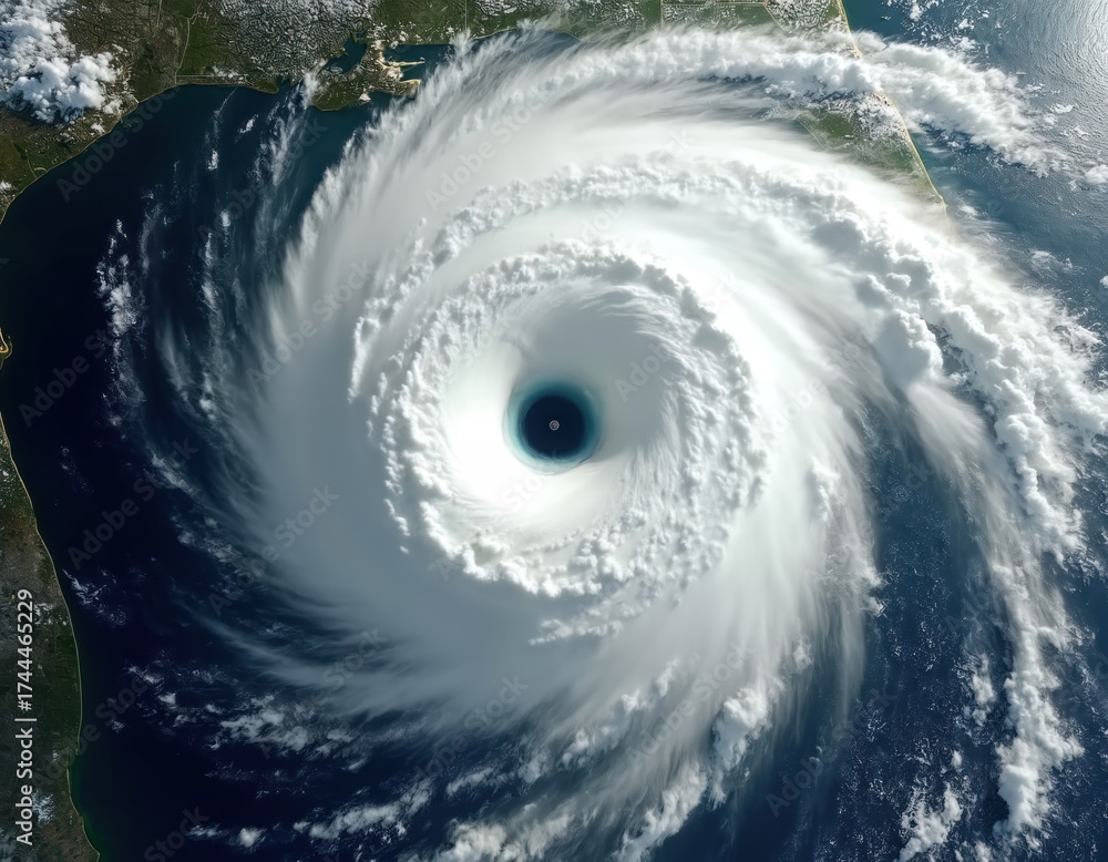 Satellite view shows huge hurricane with clear eye over ocean. Massive ...