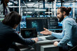 © DC Studio - Team of data center admins working on databases supporting AI apps. Teamworking server room colleagues using artificial intelligence technology to do algorithms improvements