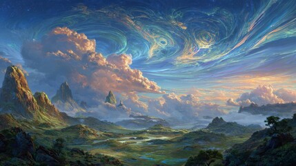 Wall Mural - Colorful clouds swirl over a vast lush landscape dotted with mountains and valleys. The sky glows with hues of blue orange and pink as the sun sets creating a tranquil scene.