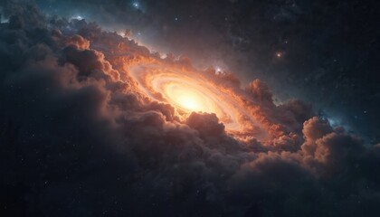 Wall Mural - Bright spiral galaxy forms in dark cosmos surrounded by nebula clouds. Distant stars twinkle in deep space, a cosmic phenomenon of radiant stellar birth and formation.
