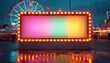 © Viktor - Blank retro billboard with colorful gradient display stands at night fair. Bright light bulbs frame empty signage. Large Ferris wheel, rides illuminate fun carnival park. Wet ground reflects vibrant