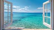 © mila103 - Two white windows are open revealing a stunning view of turquoise sea water and a clear blue sky. Gentle waves reflect sunlight creating a serene atmosphere.