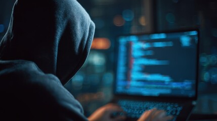 A person wearing a dark hoodie sits in front of a laptop concentrating on coding while illuminated by the screen. City lights glow softly in the background during late night hours.