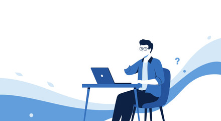Businessman working at desk with laptop showing question mark for business and work