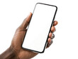 © Googl - A dark skinned hand holding a modern smartphone with a blank white screen on a white background studio shot